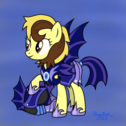 Size: 4096x4096 | Tagged: safe, artist:twiny dust, oc, oc only, oc:countess sweet bun, pegasus, pony, armor, female, gift art, gradient background, looking at you, looking back, looking back at you, mare, night guard, night guard armor, pegasus oc, scar, smiling, solo