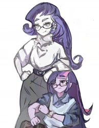 Size: 1424x1836 | Tagged: safe, artist:zerdasher, rarity, twilight sparkle, human, equestria girls, g4, duo, ear piercing, earring, female, glasses, jewelry, lesbian, piercing, ship:rarilight, shipping, simple background, white background