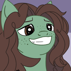 Size: 1280x1280 | Tagged: safe, artist:galactichooves, oc, oc only, oc:writtendreams, earth pony, pony, g4, brown eyes, brown mane, curly hair, curly mane, fangs, freckles, green pony, icon, smiling, smug, solo, striped background