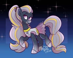 Size: 1000x800 | Tagged: safe, artist:malcat, horse, clothes, coat markings, dress, gradient background, gradient legs, gradient muzzle, halley (wild manes), nonbinary, ponytail, raised hoof, see-through, smiling, solo, stars, wild manes