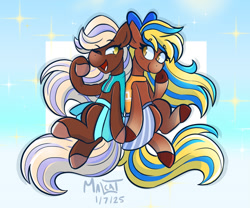 Size: 1353x1123 | Tagged: safe, artist:malcat, horse, bow, clothes, duo, duo female, female, gradient background, gradient legs, gradient muzzle, hair bow, looking at each other, looking at someone, mare, one eye closed, open mouth, open smile, skirt, smiling, sparkles, sports outfit, tilly (wild manes), wild manes, zoey (wild manes)