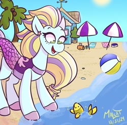 Size: 1000x988 | Tagged: safe, artist:malcat, fish, horse, beach, beach ball, cap, clothes, coconut, coconut tree, dress, duo, ear piercing, earring, female, finley (wild manes), fish tail, hat, jewelry, mare, mermaid tail, ocean, open mouth, open smile, palm tree, piercing, rock, sand, sky, smiling, sparkles, sun, tail, tree, umbrella, water, wild manes