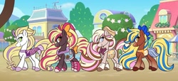 Size: 1000x455 | Tagged: safe, artist:malcat, horse, bow, bowtie, clothes, dress, female, finley (wild manes), fish tail, gradient legs, gradient muzzle, group, hair bow, hat, hoodie, lana (wild manes), mane lane, mare, mermaid tail, shoes, skirt, smiling, sports outfit, sundae (wild manes), tail, tail bow, wild manes, zoey (wild manes)