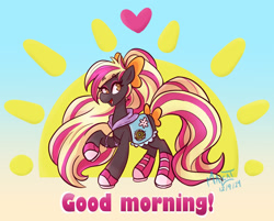 Size: 1802x1449 | Tagged: safe, artist:malcat, horse, bow, clothes, eyeshadow, female, floating heart, good morning, gradient background, gradient legs, gradient muzzle, hair bow, heart, hoodie, lana (wild manes), makeup, mare, open mouth, open smile, raised hoof, shoes, smiling, solo, sun, sunshine, tail, tail bow, wild manes