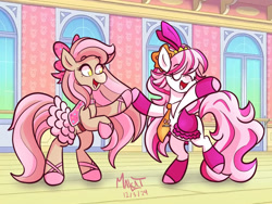 Size: 1600x1200 | Tagged: safe, artist:malcat, horse, ballet slippers, bow, bridget (wild manes), candi (wild manes), clothes, dancing, dress, duo, duo female, eye clipping through hair, eyes closed, female, hair bow, indoors, leg warmers, mare, necktie, open mouth, open smile, smiling, wild manes