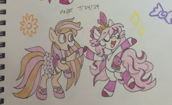 Size: 1415x863 | Tagged: safe, alternate version, artist:malcat, horse, ballet slippers, bow, bridget (wild manes), candi (wild manes), candy, clothes, dancing, diamond, dress, duo, duo female, eye clipping through hair, eyes closed, female, flower, food, hair bow, indoors, leg warmers, mare, necktie, open mouth, open smile, simple background, smiling, traditional art, white background, wild manes