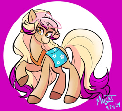 Size: 947x861 | Tagged: safe, artist:malcat, horse, bailey (wild manes), female, freckles, gradient muzzle, mare, raised hoof, smiling, solo, visor cap, wild manes