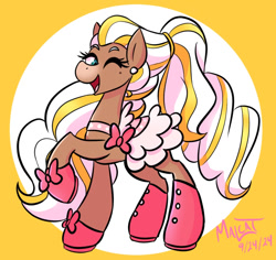 Size: 897x848 | Tagged: safe, artist:malcat, horse, beauty mark, bow, cherie (wild manes), clothes, dress, ear piercing, earring, female, gradient muzzle, jewelry, mare, one eye closed, open mouth, open smile, piercing, raised hoof, shoes, smiling, solo, wild manes, wink