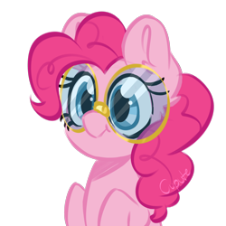 Size: 2048x2048 | Tagged: safe, artist:cupute, pinkie pie, earth pony, pony, g4, adorkable, artwork, big ears, big eyes, blue eyes, bust, colored, colored doodle, curly hair, curly mane, cute, diapinkes, digital art, doodle, dork, ear fluff, ears up, eyelashes, female, glass, glasses, gold, grin, looking at you, mare, meganekko, nerd, nerd pony, pink coat, pink mane, ponkie, raised hoof, simple background, smiling, solo, transparent background, unshaded