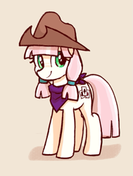 Size: 457x603 | Tagged: safe, artist:backgroundmares, penny ante, earth pony, pony, g4, clothes, cowboy hat, cowgirl, cute, female, hat, looking sideways, mare, neckerchief, pigtails, shadow, simple background, smiling, solo, standing, stetson, yellow background