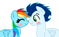 Size: 750x471 | Tagged: safe, rainbow dash, soarin', pegasus, pony, g4, duo, duo male and female, female, male, mare, ship:soarindash, shipping, simple background, stallion, straight, white background, wings