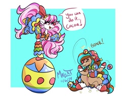 Size: 1000x750 | Tagged: safe, artist:malcat, horse, balancing, ball, bandana, bow, bowtie, candi (wild manes), clothes, clown, clown nose, clown outfit, cocoa (wild manes), costume, duo, duo female, eye clipping through hair, eyes closed, female, floppy ears, gradient muzzle, hair bow, juggling, mare, open mouth, open smile, passepartout, red nose, shoes, sitting, smiling, speech bubble, tail, tail bow, wild manes