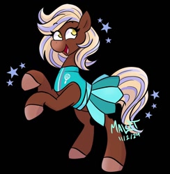 Size: 976x1000 | Tagged: safe, artist:malcat, horse, alternate hairstyle, black background, clothes, female, gradient muzzle, mare, open mouth, open smile, raised hooves, short mane, simple background, skirt, smiling, solo, sports outfit, stars, tilly (wild manes), wild manes