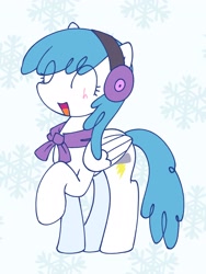 Size: 1536x2048 | Tagged: safe, artist:backgroundmares, lightning bolt, white lightning, pegasus, pony, g4, abstract background, blushing, clothes, earmuffs, eye clipping through hair, eyes closed, open mouth, raised hoof, scarf, smiling, snow, snowflake, solo, standing, wings