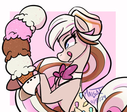 Size: 1313x1163 | Tagged: safe, artist:malcat, horse, bowtie, female, food, hat, ice cream, ice cream cone, mare, neapolitan, passepartout, solo, sundae (wild manes), tongue out, wild manes