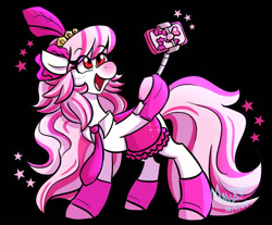 Size: 1200x994 | Tagged: safe, artist:malcat, horse, black background, candi (wild manes), clothes, eye clipping through hair, female, gradient muzzle, holding, leg warmers, mare, necktie, open mouth, open smile, phone, selfie stick, simple background, smiling, solo, stars, wild manes