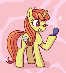 Size: 493x544 | Tagged: safe, artist:backgroundmares, citrus blush, pony, unicorn, g4, abstract background, blushing, compact mirror, female, horn, mare, one eye closed, shadow, smiling, solo, standing, stars, wink