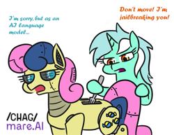 Size: 741x571 | Tagged: safe, artist:jargon scott, edit, bon bon, lyra heartstrings, sweetie drops, pony, robot, robot pony, toaster pony, g4, /mlp/, 4chan, bon bon is not amused, bon bot, chatgpt, duo, duo female, female, fork, hoof hold, jailbreaking, l.u.l.s., roboticization, simple background, this will end in electrocution, this will end in pain, this will not end well, toaster, too dumb to live, unamused, white background