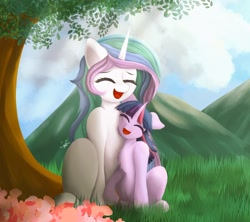 Size: 1024x911 | Tagged: safe, artist:yenne_sistint, princess celestia, twilight sparkle, alicorn, pony, unicorn, g4, duo, duo female, female, grass, happy, horn, mountain, outdoors, sitting, tree