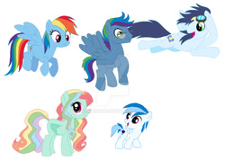 Size: 827x590 | Tagged: safe, artist:uberxmomo, rainbow dash, soarin', oc, oc:aurora rose, oc:dodger, oc:jet stream, pegasus, pony, g4, colt, deviantart watermark, female, foal, male, mare, obtrusive watermark, offspring, parent:rainbow dash, parent:soarin', parent:zephyr breeze, parents:soarindash, parents:zephdash, ship:soarindash, shipping, simple background, stallion, straight, watermark, white background, wings