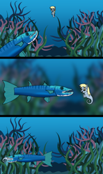 Size: 1920x3240 | Tagged: safe, artist:platinumdrop, derpy hooves, barracuda, fish, seahorse, g4, abuse, comic, commission, coral, death, derpybuse, eaten, fangs, female, fins, happy, hard vore, imminent death, looking at each other, looking at someone, ocean, open mouth, predator, predator vs prey, reef, seaweed, smiling, species swap, swimming, this ended in tears, too dumb to live, underwater, vore, water