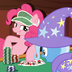 Size: 4000x4000 | Tagged: safe, artist:trimpsy, pinkie pie, trixie, earth pony, pony, unicorn, g4, absurd resolution, bipedal, bipedal leaning, cape, card, casino, clothes, curtains, duo, duo female, female, hat, horn, implied fraud, jaw drop, jester, jester outfit, jester pie, joker, leaning, mare, playing card, poker, poker chips, poker table, shocked, show accurate, smugpie, tail, trixie's cape, trixie's hat, visor