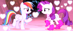 Size: 1052x457 | Tagged: safe, edit, edited screencap, screencap, rainbow dash, rarity, pegasus, pony, unicorn, g4, my little pony: friendship is magic, season 8, the end in friend, boots, clothes, cropped, duo, duo female, female, folded wings, heart, horn, lesbian, looking at each other, looking at someone, mare, raised hoof, scarf, ship:raridash, shipping, shoes, smiling, smiling at each other, wings