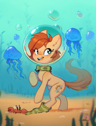 Size: 1554x2048 | Tagged: safe, artist:rexyseven, oc, oc only, oc:rusty gears, crab, earth pony, jellyfish, pony, chibi, clothes, female, mare, open mouth, open smile, scarf, smiling, socks, solo, striped scarf, striped socks, underwater, water