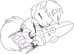 Size: 1141x833 | Tagged: safe, artist:nauyaco, oc, oc only, pony, unicorn, female, horn, mare, monochrome, portal (valve), simple background, sleeping, solo, turret, turret (portal), white background