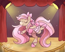 Size: 2000x1600 | Tagged: safe, artist:malcat, horse, ballet, ballet slippers, bow, bridget (wild manes), clothes, curtains, dress, eyes closed, female, gradient muzzle, hair bow, light, mare, smiling, solo, spotlight, stage, wild manes