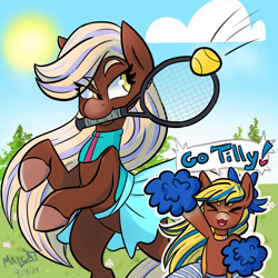 Size: 1500x1500 | Tagged: safe, artist:malcat, horse, ball, bow, cheering, clothes, cloud, duo, duo female, eye clipping through hair, eyes closed, female, gradient legs, gradient muzzle, grass, hair bow, heart, holding, mare, open mouth, outdoors, pom pom, skirt, sky, speech bubble, sports, sports outfit, sun, tennis, tennis ball, tennis racket, tilly (wild manes), wild manes, zoey (wild manes)