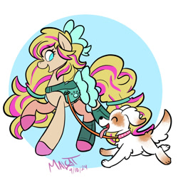 Size: 1000x1000 | Tagged: safe, artist:malcat, oc, oc only, oc:molly, dog, horse, bow, clothes, collar, dress, duo, eyes closed, female, hair bow, mare, open mouth, open smile, paw print, raised hoof, smiling, solo, tongue out, walking, wild manes, wild manes oc