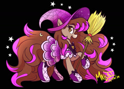 Size: 1847x1334 | Tagged: safe, artist:malcat, horse, black background, bowtie, broom, clothes, costume, crescent moon, dreamer (wild manes), dress, female, gradient muzzle, halloween, halloween costume, hat, holiday, mare, moon, open mouth, open smile, raised hoof, shoes, simple background, smiling, solo, stars, wild manes, witch, witch costume, witch hat