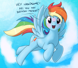 Size: 2648x2315 | Tagged: safe, artist:eels, rainbow dash, pegasus, pony, g4, blushing, bronybait, cloud, dialogue, flying, looking at you, open mouth, rainbow dash's birthday, solo, spread wings, talking to viewer, wings