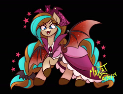 Size: 1757x1334 | Tagged: safe, artist:malcat, horse, undead, vampire, bandana, bat wings, black background, bow, clothes, cocoa (wild manes), costume, dress, eye clipping through hair, fake fangs, fake wings, fangs, female, gradient legs, gradient muzzle, hair bow, halloween, halloween costume, holiday, mare, open mouth, raised hoof, simple background, solo, spread wings, stars, tail, tail bow, vampire costume, wild manes, wings