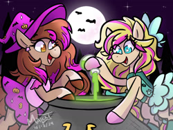 Size: 2000x1500 | Tagged: safe, artist:malcat, oc, oc:molly, bat, horse, bow, brew, clothes, coat markings, costume, dreamer (wild manes), dress, duo, duo female, ear piercing, earring, eye clipping through hair, female, full moon, gradient muzzle, hair bow, halloween, halloween costume, hat, holiday, jewelry, mare, moon, night, open mouth, open smile, paw print, piercing, potion, smiling, socks (coat markings), stars, tree, wild manes, wild manes oc, witch, witch costume, witch hat