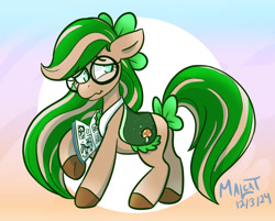 Size: 1268x1021 | Tagged: safe, artist:malcat, oc, oc only, oc:clover, horse, book, bow, bowtie, female, glasses, gradient background, gradient legs, gradient muzzle, hair bow, mare, mushroom, shy, solo, tail, tail bow, wild manes, wild manes oc