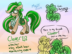 Size: 1600x1200 | Tagged: safe, artist:malcat, oc, oc only, oc:clover, oc:molly, horse, ..., book, bow, bowtie, covering, covering face, eyes closed, female, glasses, gradient background, gradient legs, gradient muzzle, hair bow, mare, mushroom, open mouth, open smile, raised hoof, shy, smiling, speech bubble, tail, tail bow, wild manes, wild manes oc