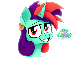 Size: 2048x1536 | Tagged: safe, artist:orange becrux, oc, oc only, oc:skycandy, alicorn, bust, cute, ear piercing, earring, female, jewelry, piercing, portrait, smiling, solo, solo female