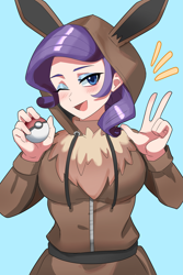 Size: 2731x4096 | Tagged: safe, artist:tzc, rarity, eevee, human, g4, breasts, busty rarity, clothes, commission, costume, cute, emanata, hoodie, humanized, kigurumi, one eye closed, open mouth, open smile, peace sign, poké ball, pokémon, raribetes, smiling, wink