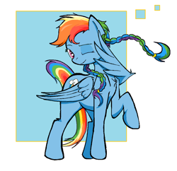 Size: 928x900 | Tagged: safe, artist:sallycars, rainbow dash, pegasus, pony, g4, alternate hairstyle, female, looking at you, mare, ms paint, one eye closed, passepartout, pigtails, rainbow dash day, raised leg, solo, wing hands, wings