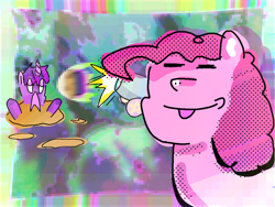 Size: 1024x768 | Tagged: safe, artist:serverok, pinkie pie, twilight sparkle, earth pony, pony, unicorn, g4, abstract background, bust, cannon, colorful, duo, eyes closed, female, food, funny face, grin, halftone, horn, mare, pie, prank, screaming, shooting, simple shading, smiling, tongue out