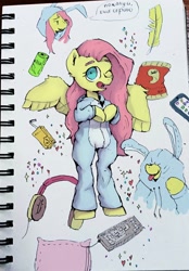 Size: 750x1080 | Tagged: safe, artist:bullyet, fluttershy, pegasus, pony, g4, bipedal, dialogue, female, mare, one eye closed, onesie, solo, speech bubble, traditional art, wink