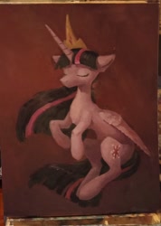 Size: 1538x2160 | Tagged: safe, artist:bullyet, twilight sparkle, alicorn, pony, g4, eyes closed, female, jewelry, mare, oil painting, regalia, solo, traditional art, twilight sparkle (alicorn)