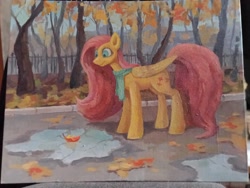 Size: 2560x1924 | Tagged: safe, artist:bullyet, fluttershy, pegasus, pony, g4, autumn, autumn leaves, clothes, female, leaves, mare, park, puddle, scarf, smiling, solo