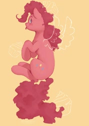 Size: 1528x2146 | Tagged: safe, artist:bullyet, pinkie pie, earth pony, pony, g4, cupcake, female, food, mare, simple background, solo, tongue out, wings, yellow background