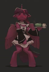 Size: 1487x2160 | Tagged: safe, artist:bullyet, twilight sparkle, alicorn, semi-anthro, g4, blushing, bowl, chopsticks, clothes, embarrassed, female, maid, mare, mug, serving tray, simple background, twilight sparkle (alicorn)