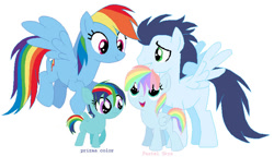 Size: 750x433 | Tagged: safe, artist:lovrgrlforevr, artist:selenaede, rainbow dash, soarin', oc, oc:pastel skys, oc:prizma color, pegasus, pony, g4, base used, female, filly, foal, male, mare, needs more jpeg, offspring, parent:rainbow dash, parent:soarin', parents:soarindash, ship:soarindash, shipping, simple background, stallion, straight, white background, wings