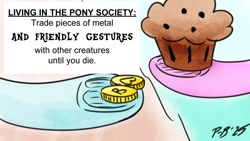 Size: 1200x675 | Tagged: safe, artist:pony-berserker, pony-berserker's twitter sketches, bits, coin, colored, food, meme reference, muffin, pony-berserker's twitter sketches (2025)