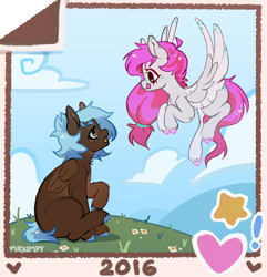 Size: 1994x2069 | Tagged: safe, artist:maximpy, oc, oc only, pegasus, pony, 2016, duo, old art, outdoors, pegasus oc, wings